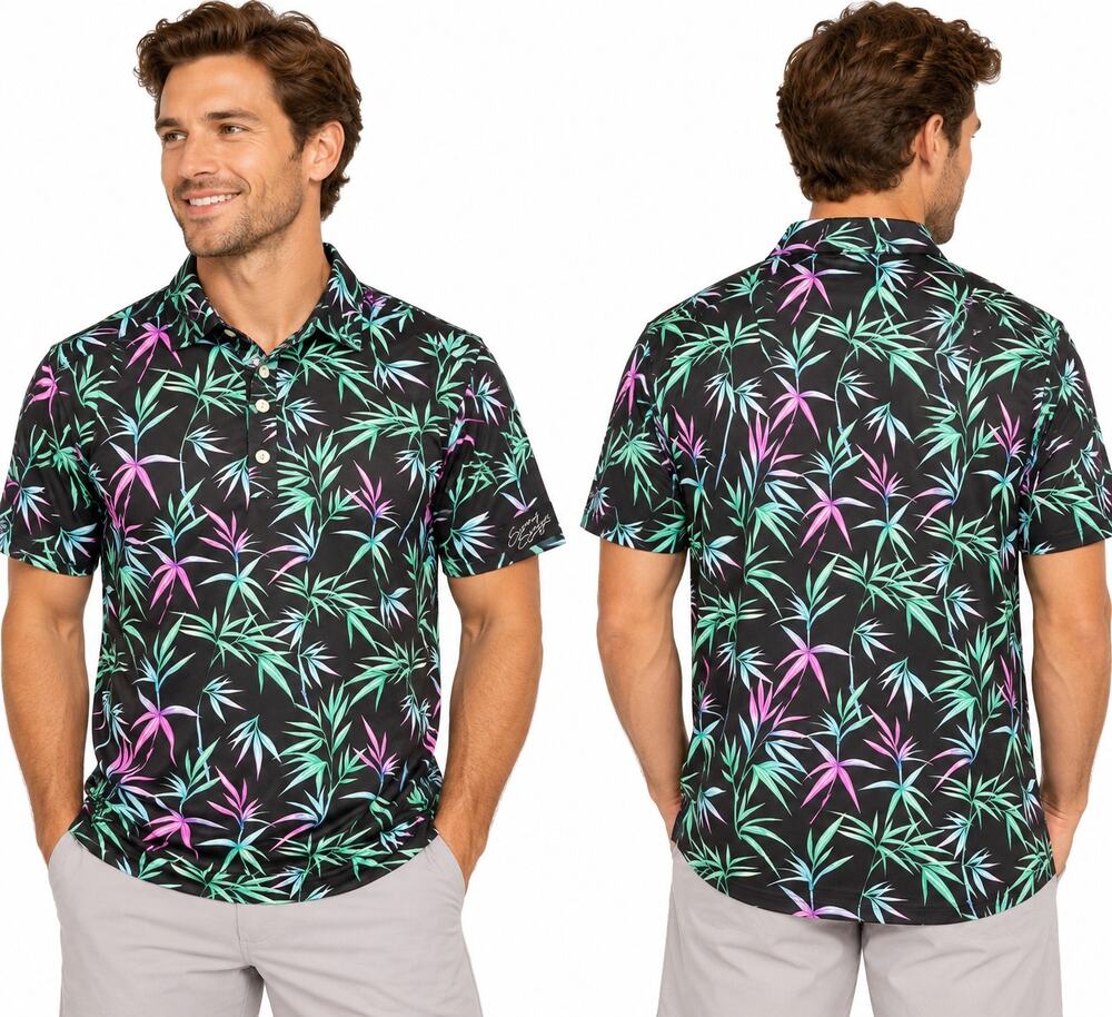 Sunday Swagger Tahiti Golf Polo Mens L Black Tropical Bamboo Stretch Shirt